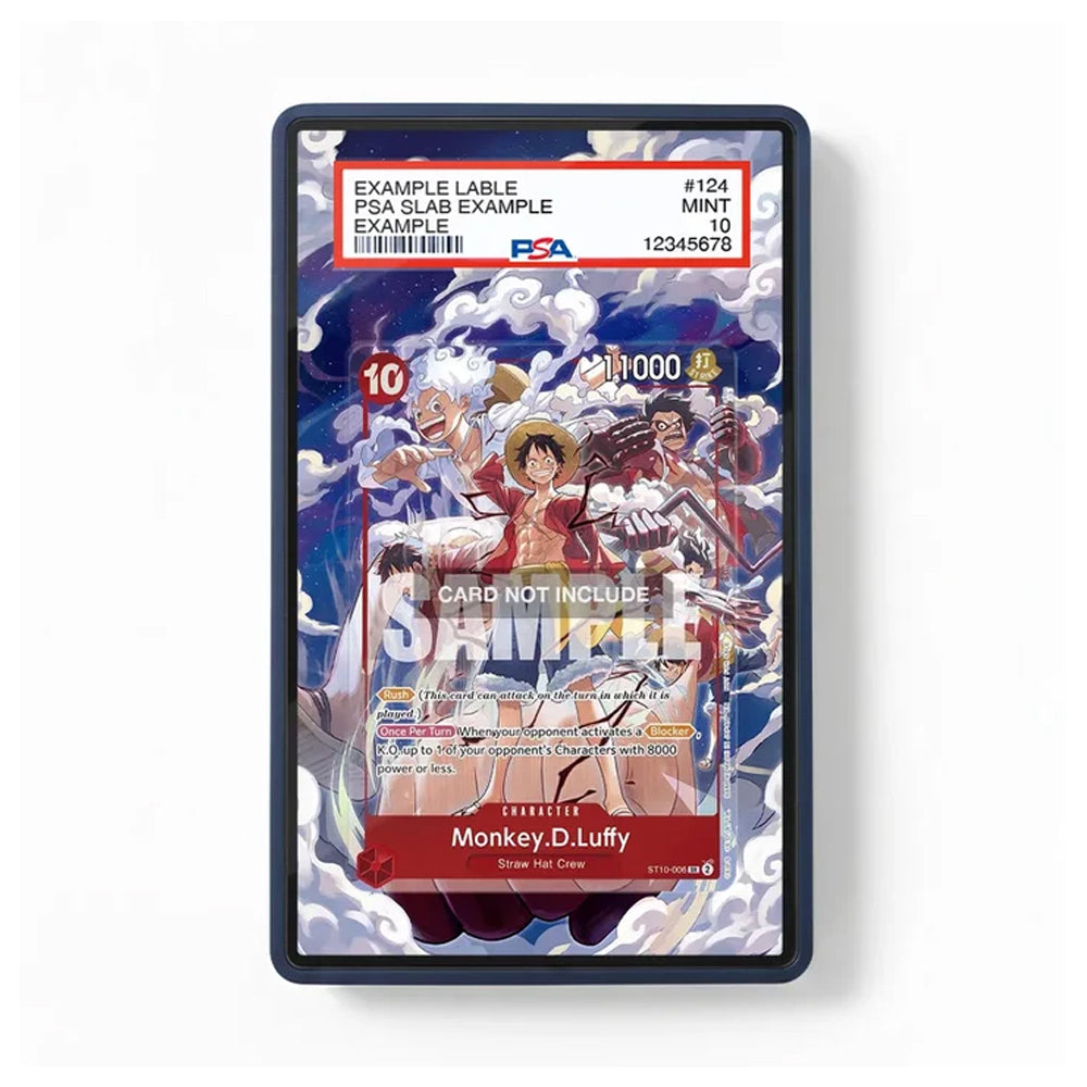 A collectible PSA graded card featuring Monkey D. Luffy from One Piece, shown inside a black protective case on a clean white background.