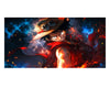 Anime-style artwork of a character in a straw hat and red cape surrounded by fiery orange embers and dark blue smoke, shown within a wide rectangular frame on a white background.