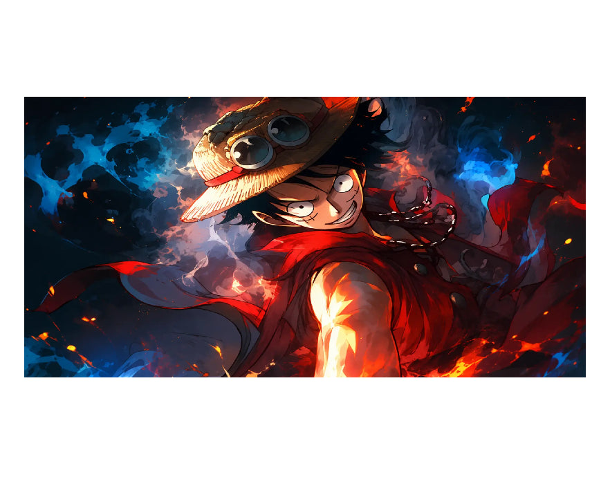 Anime-style artwork of a character in a straw hat and red cape surrounded by fiery orange embers and dark blue smoke, shown within a wide rectangular frame on a white background.