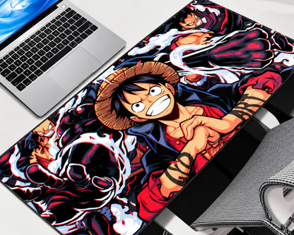 Monkey D. Luffy anime gaming mouse pad with straw hat, powerful dark fists, white energy effects, and bold red and black One Piece artwork.