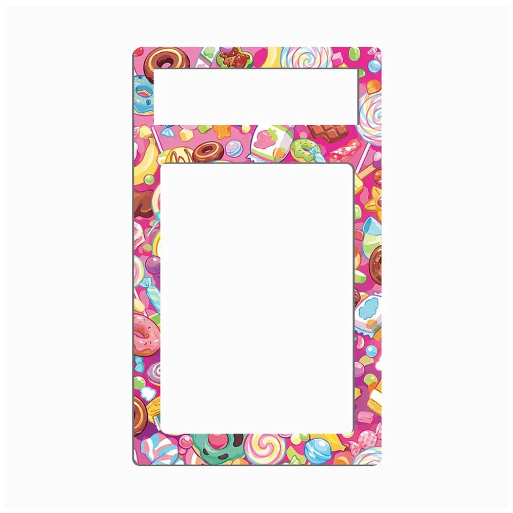 A rectangular decorative frame or mat with rounded corners, featuring a colorful cartoon candy and dessert pattern on a pink background, shown on a plain light gray background.