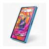 A blue protective smartphone case shown at an angle, displaying a colorful screen with a Pokémon card graphic. The case is photographed on a clean, light gray background.