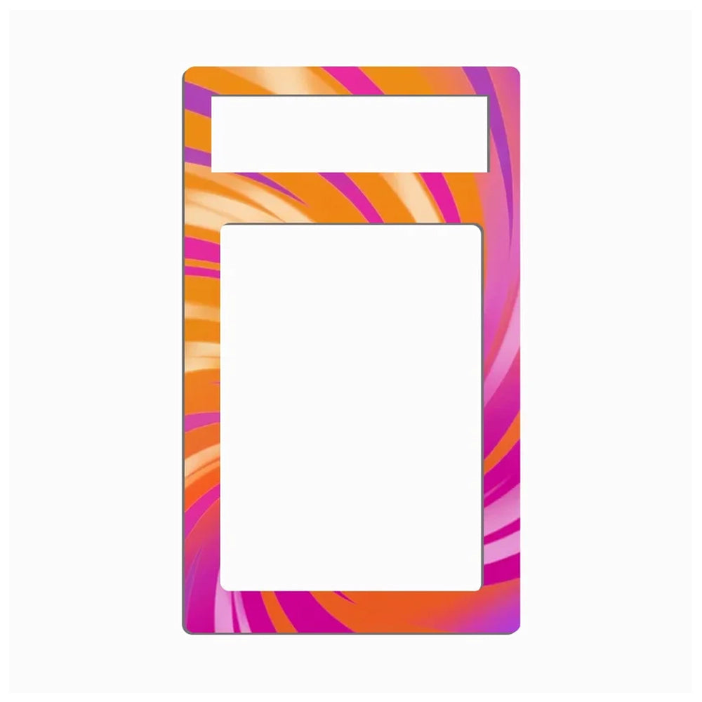 A rectangular light switch plate cover featuring a vibrant abstract swirl pattern in orange, pink, and purple, with two cutouts for a light switch and outlet.