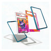 A set of transparent acrylic display cards or frames with bright blue edges, shown floating against a white background. One frame holds a colorful trading card insert, and another frame behind it shows a pink and orange striped pattern on the inside.