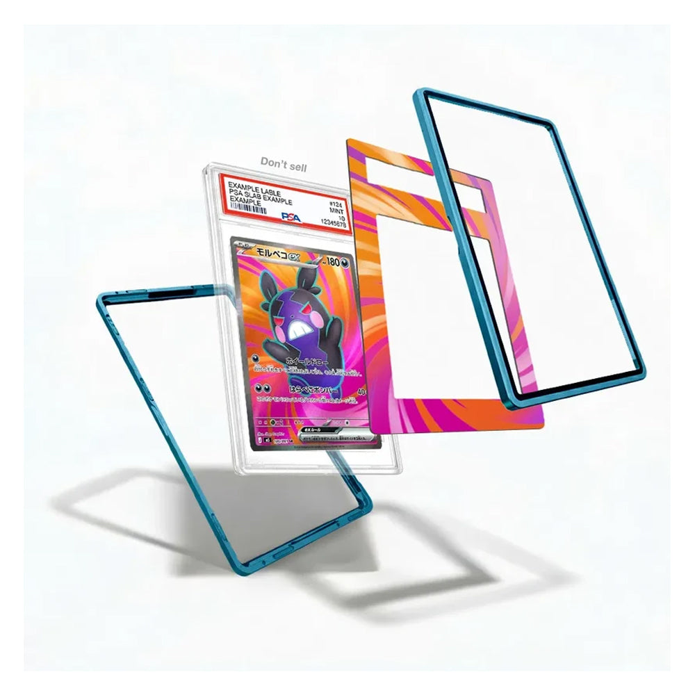 A set of transparent acrylic display cards or frames with bright blue edges, shown floating against a white background. One frame holds a colorful trading card insert, and another frame behind it shows a pink and orange striped pattern on the inside.