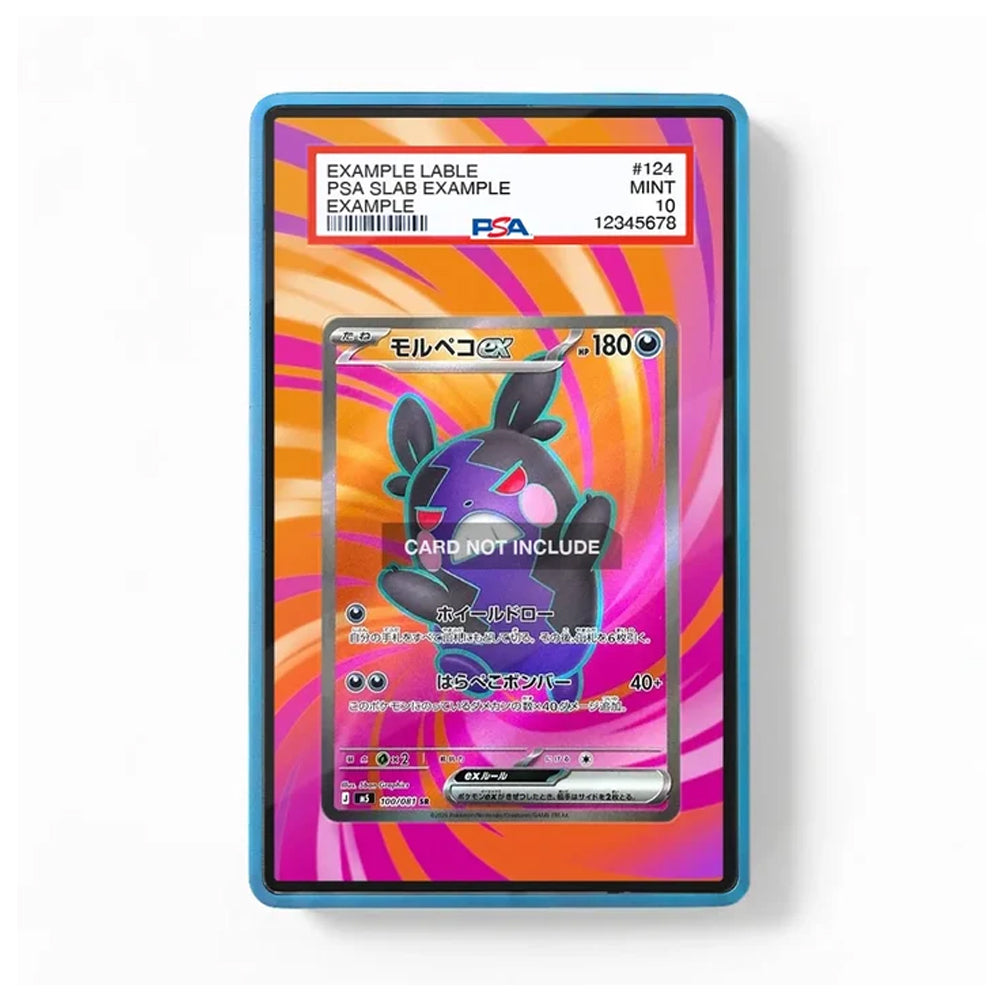 A PSA graded slab containing a Pokémon card featuring Mew, shown against a clean white background. The slab has a blue border and a colorful pink, orange, and yellow swirled design, with a PSA label visible at the top.