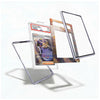 A clear protective case frame shown disassembled around a sample Pokémon card, with a transparent stand and a printed inner insert panel on a clean white background.