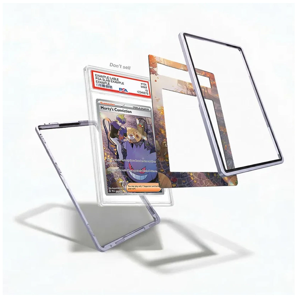 A clear protective case frame shown disassembled around a sample Pokémon card, with a transparent stand and a printed inner insert panel on a clean white background.