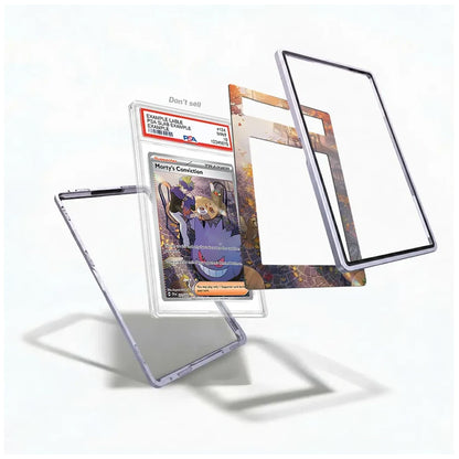 A clear protective case frame shown disassembled around a sample Pokémon card, with a transparent stand and a printed inner insert panel on a clean white background.