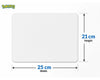 Blank white gaming mouse pad size guide showing 25 cm width and 21 cm height with stitched edge design