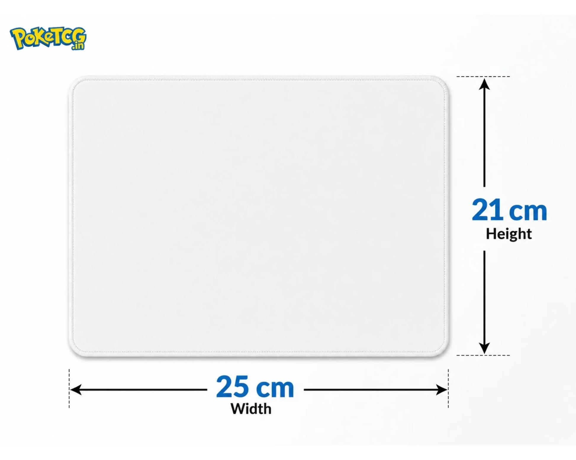 Blank white gaming mouse pad size guide showing 25 cm width and 21 cm height with stitched edge design
