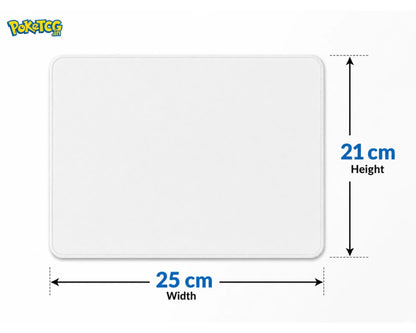 Blank white gaming mouse pad size guide showing 25 cm width and 21 cm height with stitched edge design