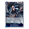 A single trading card featuring Mr. 3 (Galdino) from Impel Down/Former Baroque Works, with a silver border, blue counters, and character artwork showing a man in a striped suit against a dark blue background.