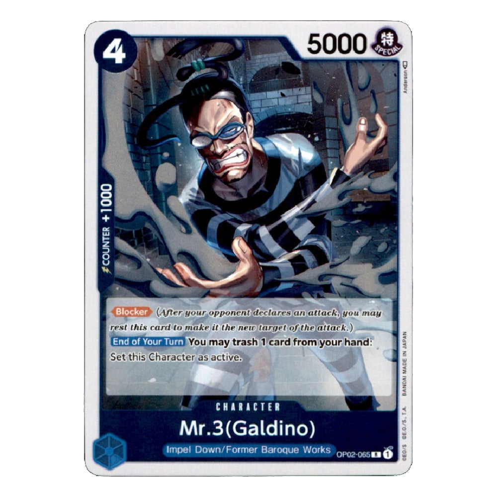 A single trading card featuring Mr. 3 (Galdino) from Impel Down/Former Baroque Works, with a silver border, blue counters, and character artwork showing a man in a striped suit against a dark blue background.