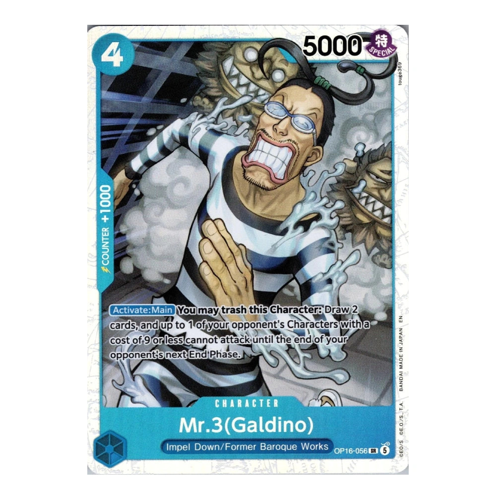 A single trading card featuring Mr.3 (Galdino) from the anime One Piece, with character artwork, blue and white border elements, and printed text including '5000' and 'Character'.