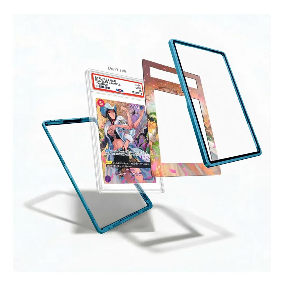 A set of transparent acrylic display frames with colored borders, shown floating around a graded comic card on a clean white background.