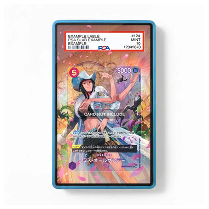 A blue-framed PSA grading slab containing a collectible card, shown against a plain white background. The card features an illustration of a woman in a cowboy hat and the text 'EXAMPLE LABLE' and 'PSA SLAB EXAMPLE'.