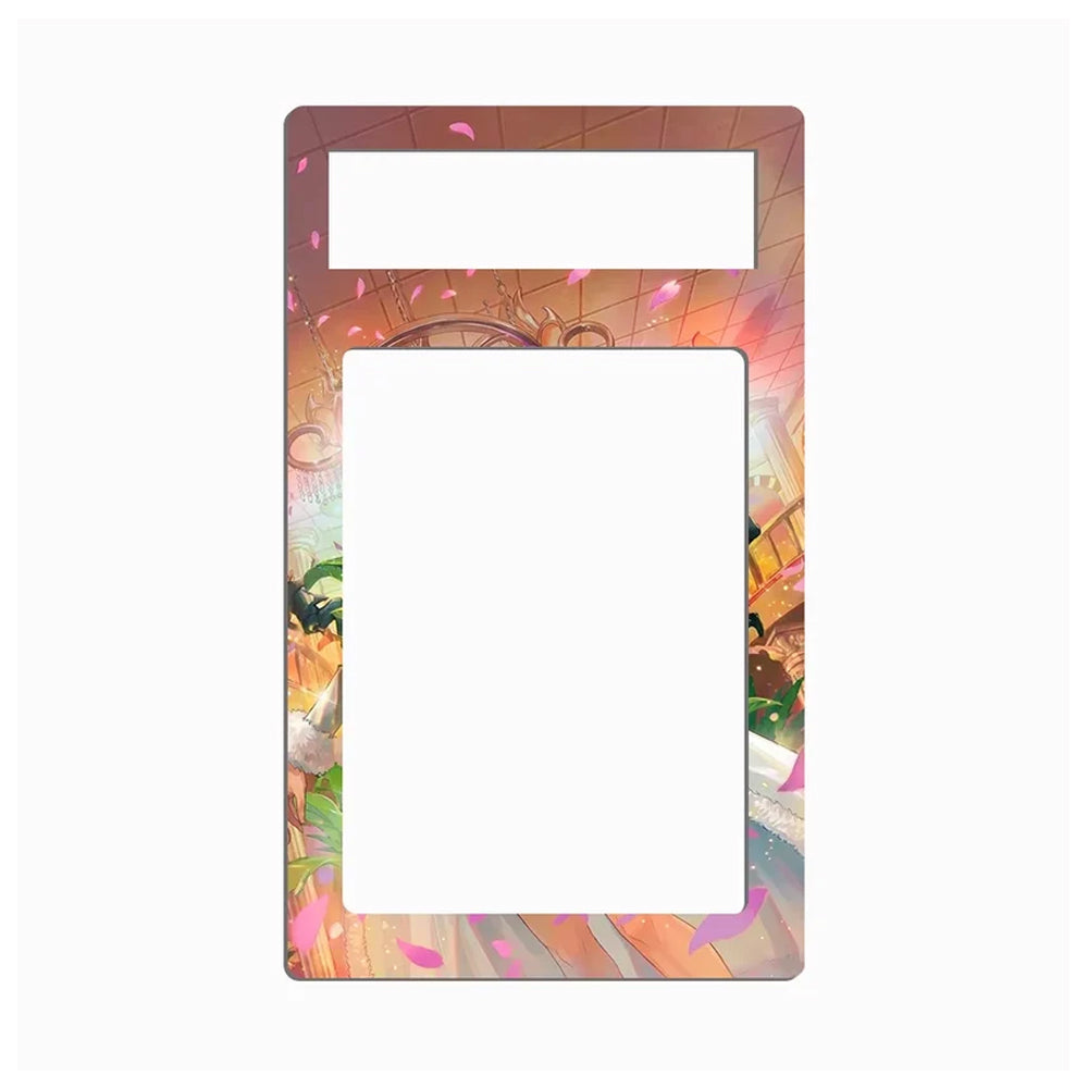 A decorative rectangular card holder or picture frame with rounded corners, featuring a colorful anime-style illustration border and two blank white cutout sections, shown on a plain white background.