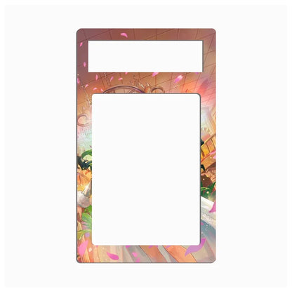 A decorative rectangular card holder or picture frame with rounded corners, featuring a colorful anime-style illustration border and two blank white cutout sections, shown on a plain white background.