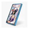 A blue protective phone case shown at an angle on a light gray background, featuring a printed anime-style illustration on the screen area.