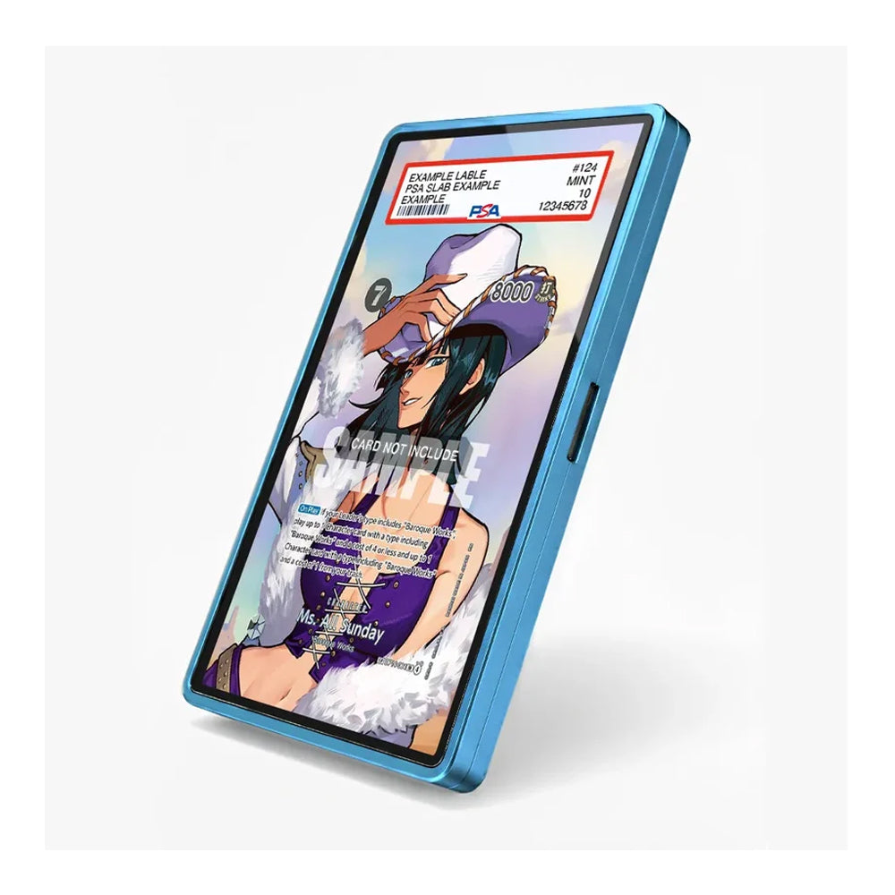 A blue protective phone case shown at an angle on a light gray background, featuring a printed anime-style illustration on the screen area.