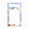 A decorative rectangular wall plate or switch cover featuring an anime-style illustration of a character with white hair and purple clothing against a pastel sky background. The top section has two blank white slots for labels or photos, and the center is a large blank white area.