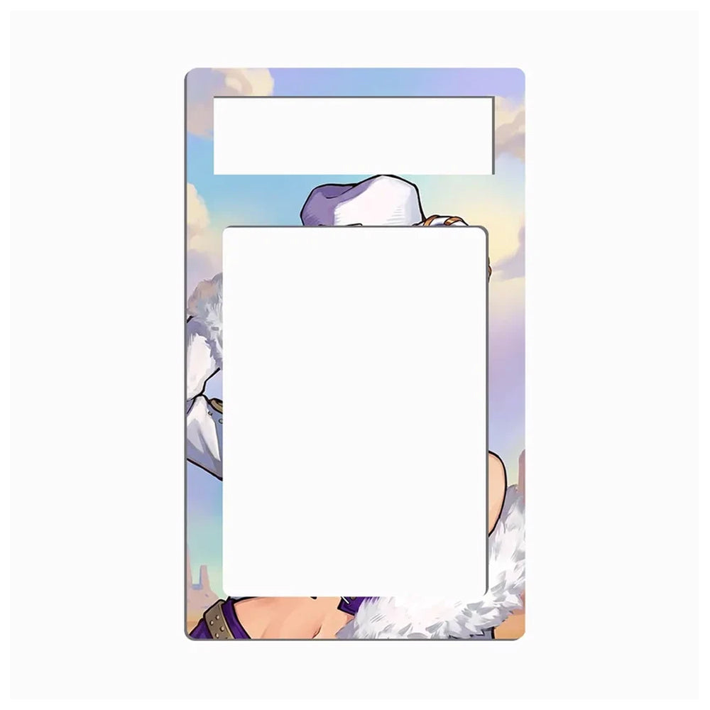 A decorative rectangular wall plate or switch cover featuring an anime-style illustration of a character with white hair and purple clothing against a pastel sky background. The top section has two blank white slots for labels or photos, and the center is a large blank white area.