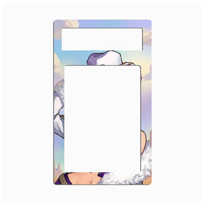 A decorative rectangular wall plate or switch cover featuring an anime-style illustration of a character with white hair and purple clothing against a pastel sky background. The top section has two blank white slots for labels or photos, and the center is a large blank white area.
