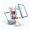 Three transparent phone screen protectors with metallic teal-blue edges are shown floating around a graded anime trading card on a clean white background.