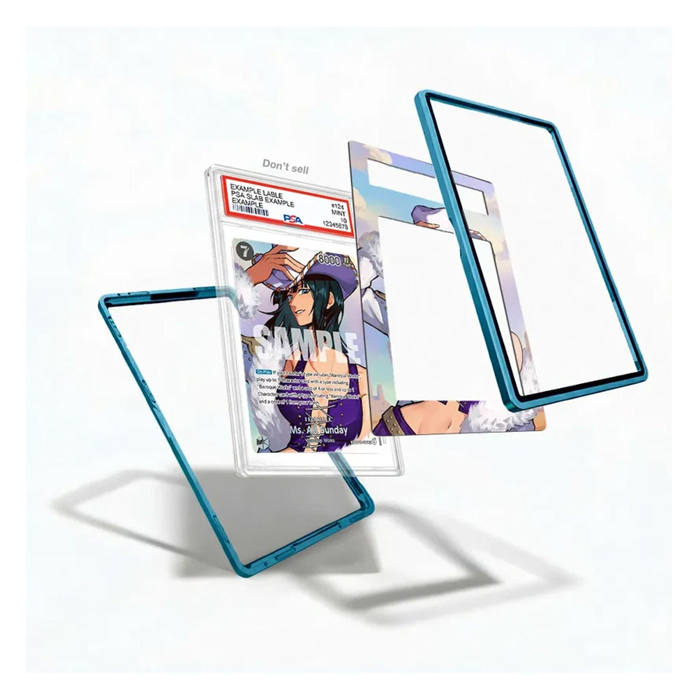 Three transparent phone screen protectors with metallic teal-blue edges are shown floating around a graded anime trading card on a clean white background.