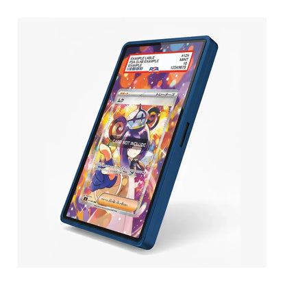 A blue protective phone case shown at an angle, displaying a colorful sample Pokémon card on its screen against a clean white background.
