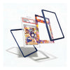 A set of clear acrylic card protectors with dark blue borders and a colorful printed insert, shown floating on a white background with a card inside one protector.