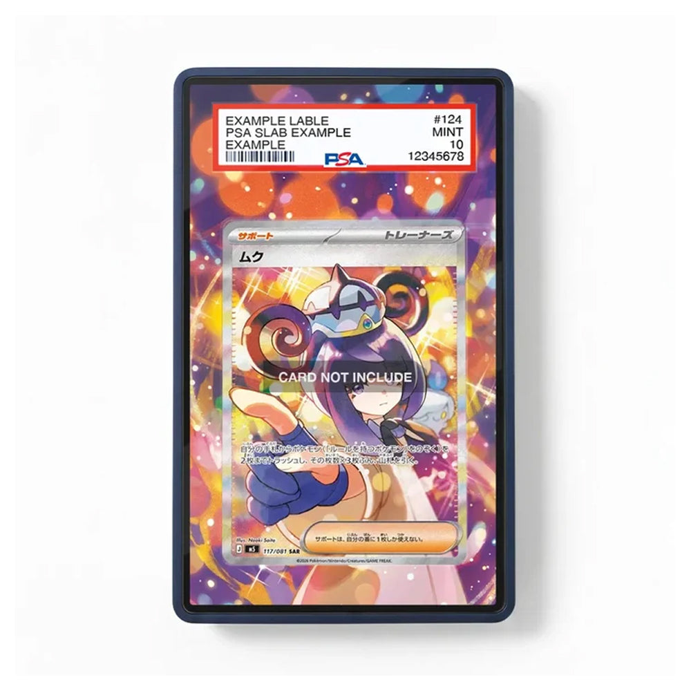 A PSA graded slab containing a Pokémon trading card, shown against a plain white background. The slab has a black border and a colorful printed insert with text including 'EXAMPLE LABLE' and 'PSA SLAB EXAMPLE.