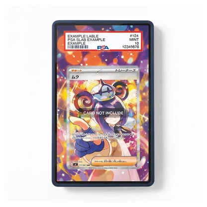 A PSA graded slab containing a Pokémon trading card, shown against a plain white background. The slab has a black border and a colorful printed insert with text including 'EXAMPLE LABLE' and 'PSA SLAB EXAMPLE.