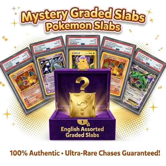 Pokémon trading card game slabs with a purple mystery box featuring a question mark on a white background.