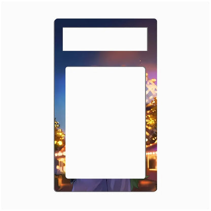A vertical rectangular picture frame with rounded corners, featuring a dark blue outer border and an illustrated winter street scene with glowing Christmas trees on the sides. The center is blank white, and there is a smaller horizontal slot near the top.