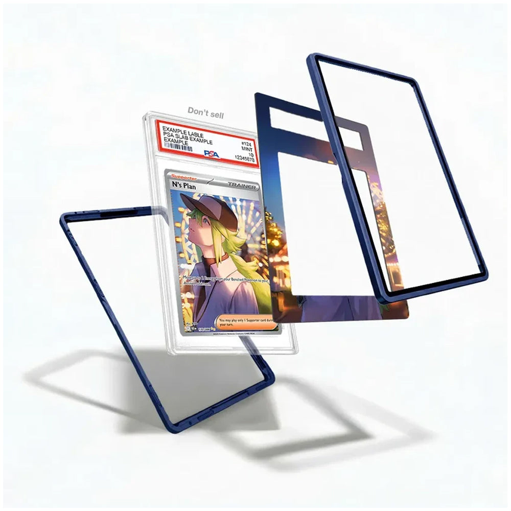 Three transparent acrylic or glass card sleeves with dark blue edges are shown floating on a white background, with one sleeve holding a graded holographic trading card. The text 'Don't sell' appears above the card.