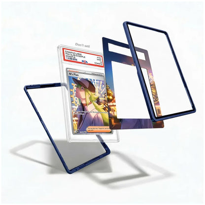 Three transparent acrylic or glass card sleeves with dark blue edges are shown floating on a white background, with one sleeve holding a graded holographic trading card. The text 'Don't sell' appears above the card.