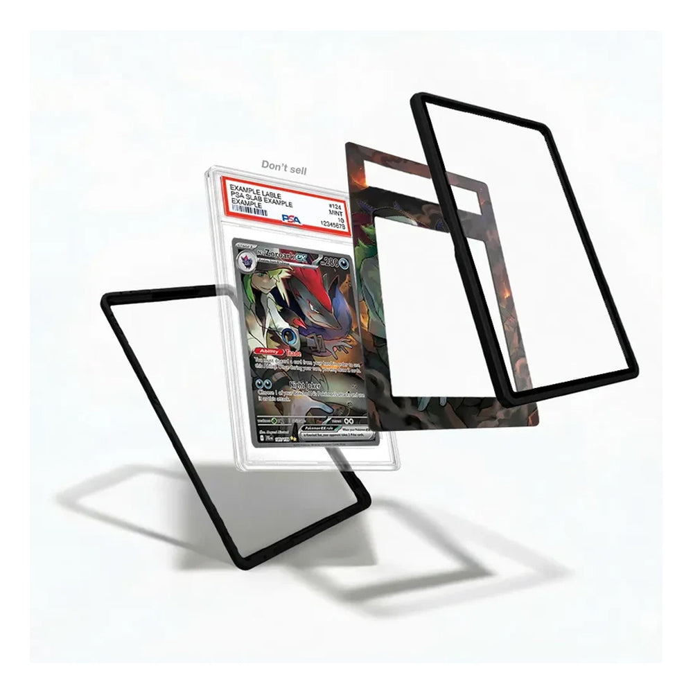 A set of clear protective card sleeves with black borders, shown floating around a graded Pokémon TCG card in a clear PSA holder on a white background.