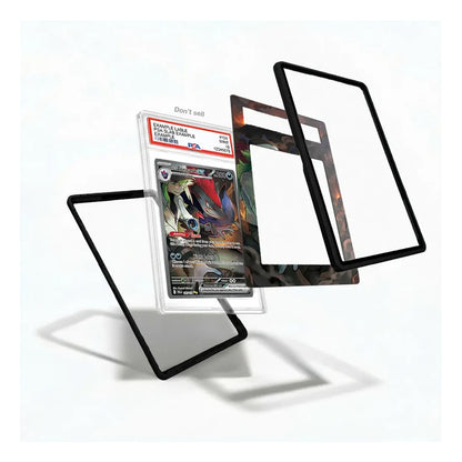 A set of clear protective card sleeves with black borders, shown floating around a graded Pokémon TCG card in a clear PSA holder on a white background.