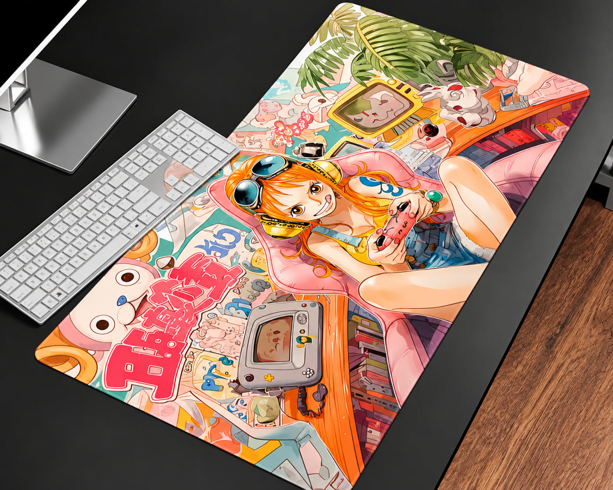 A large rectangular desk mat with a colorful anime-style illustration, shown on a dark desk next to a white keyboard and monitor stand.