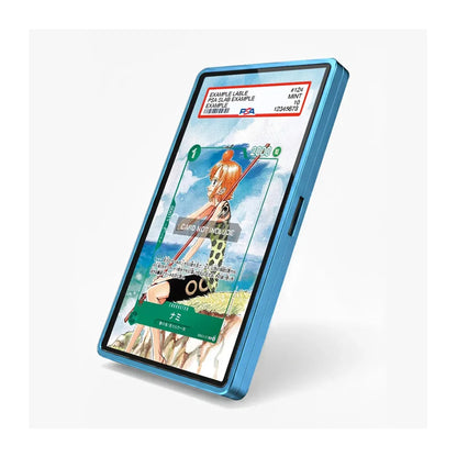 A blue protective smartphone case shown at an angle on a light gray background, with a sample e-commerce product image displayed on the phone screen inside the case.