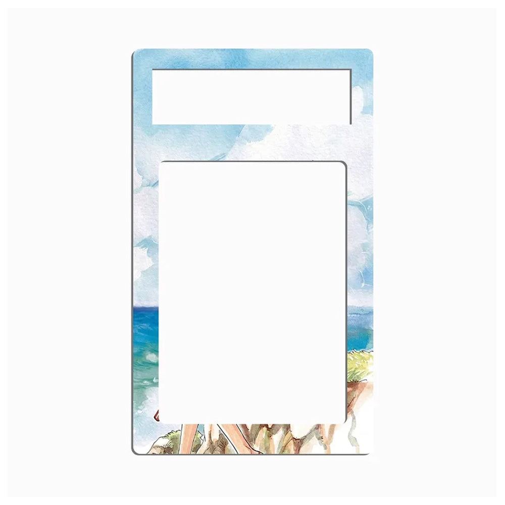 A rectangular magnetic money clip with a watercolor beach print featuring blue sky, ocean, and palm trees, shown on a plain white background.