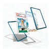 A clear acrylic display stand with a translucent blue edge, shown in multiple angles floating against a white background. One view shows the stand holding a collectible trading card, while other views show the empty stand from different angles.
