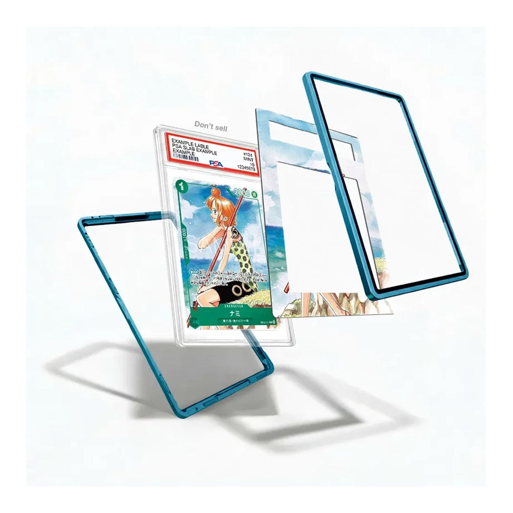 A clear acrylic display stand with a translucent blue edge, shown in multiple angles floating against a white background. One view shows the stand holding a collectible trading card, while other views show the empty stand from different angles.
