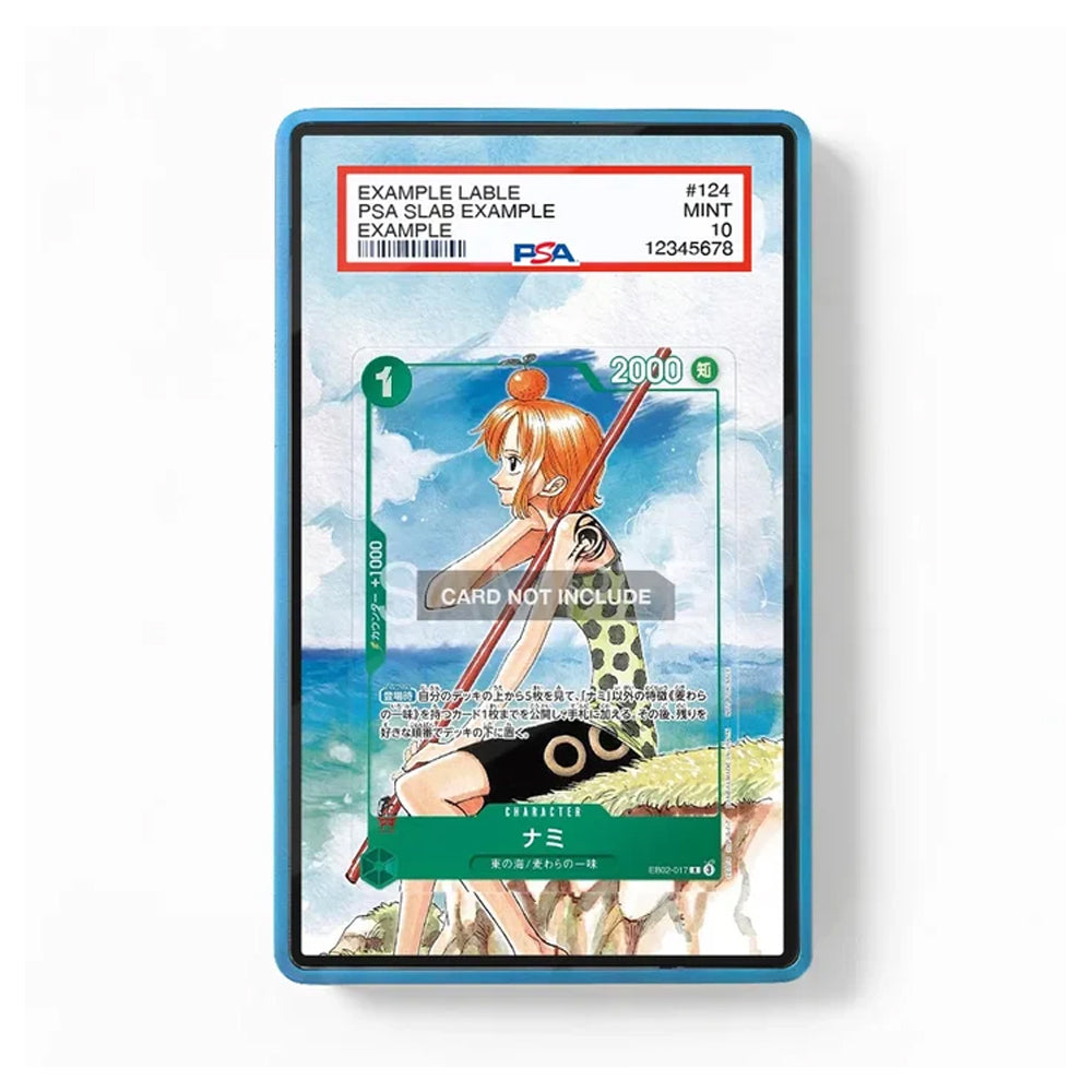 A PSA-graded collectible card in a blue slab, showing an anime character illustration on a beach scene. The slab has a white top section with red and black PSA text and a clear lower section covering the card.