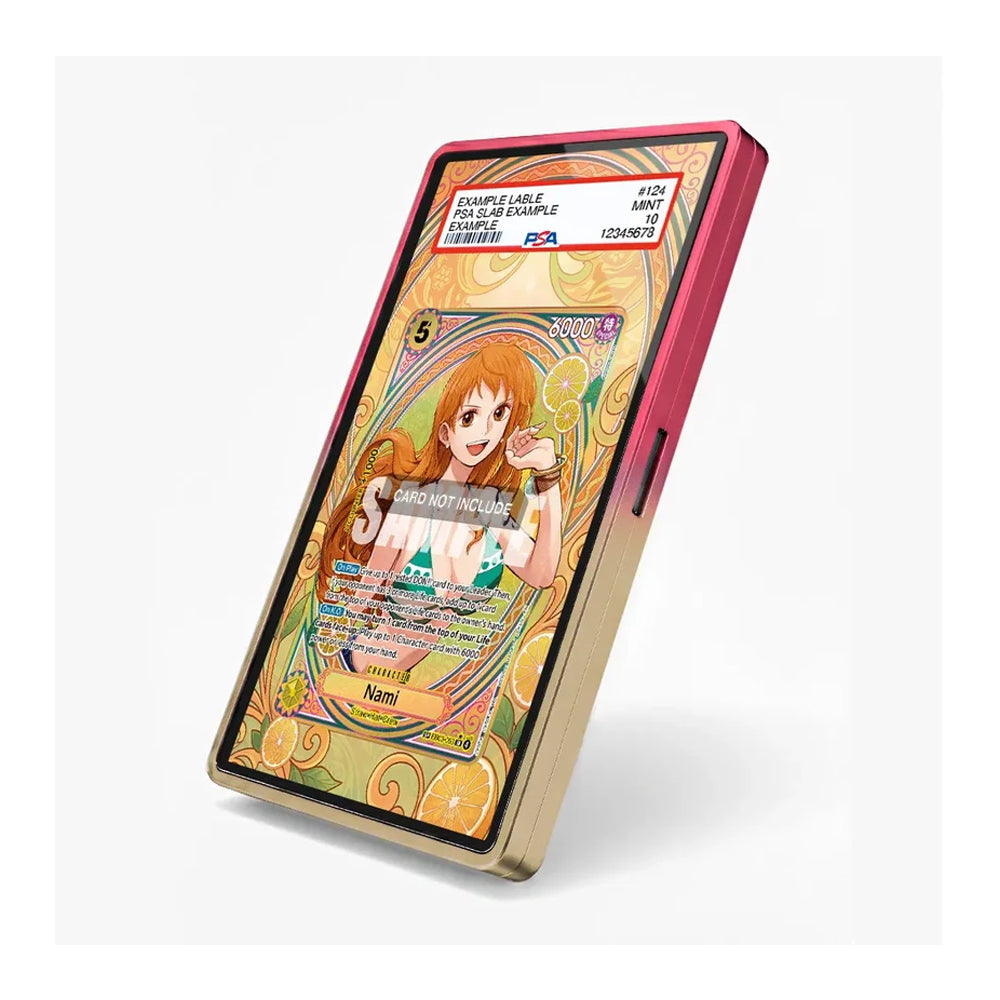 A rectangular electronic device with a metallic gold frame and a pink side edge, shown at an angle on a light gray background. The screen displays a colorful anime-style card design with text including 'EXAMPLE CARD' and 'PSA'.