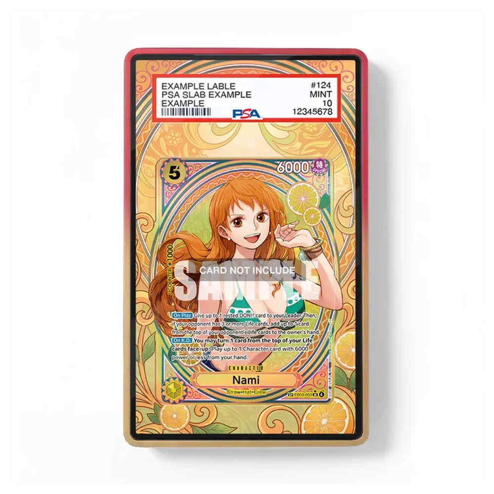 A collectible anime trading card featuring Nami from My Hero Academia, displayed inside a PSA grading slab with a red border. The card has a retro citrus-themed design with orange, yellow, and green tones, and a prominent 'PSA SLAB EXAMPLE' watermark overlay.