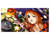 An anime-style illustration featuring a witch with orange hair, a purple hat, and a glowing orange staff, alongside a black cat and a carved pumpkin, set against a dark festive background with star effects.