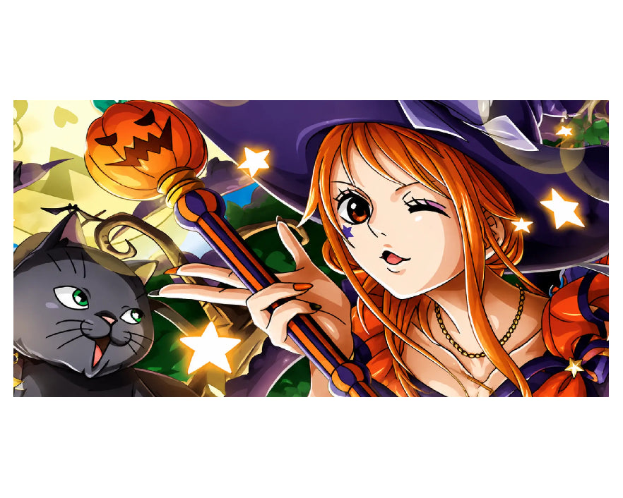 An anime-style illustration featuring a witch with orange hair, a purple hat, and a glowing orange staff, alongside a black cat and a carved pumpkin, set against a dark festive background with star effects.